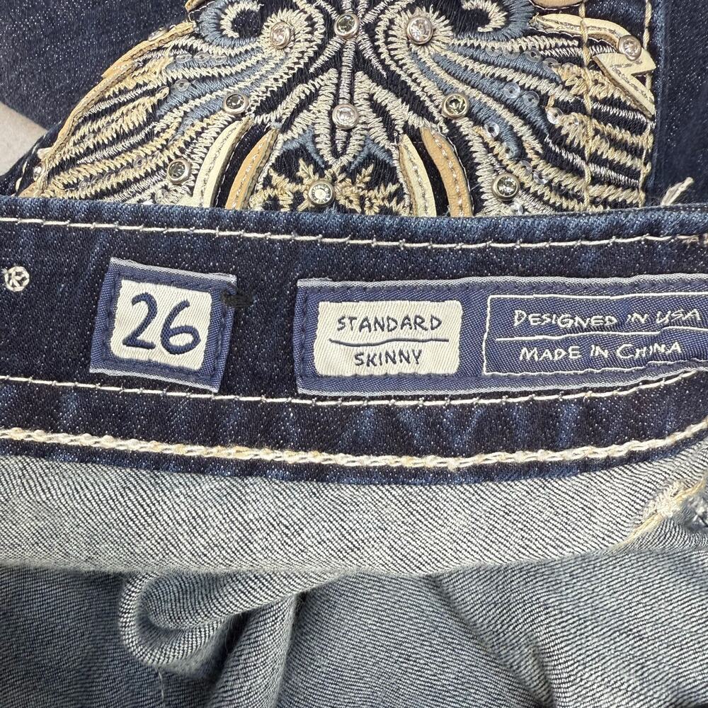 Miss Me Jeans Women's 26x31.5 (2) Dark Blue Standard Skinny Angel Wings EUC - Picture 7 of 15